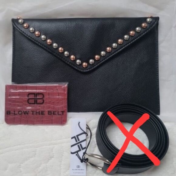 B-Low the Belt Set Studded Black Clutch Purse Dust Bag Red Card Case All New - Picture 1 of 11